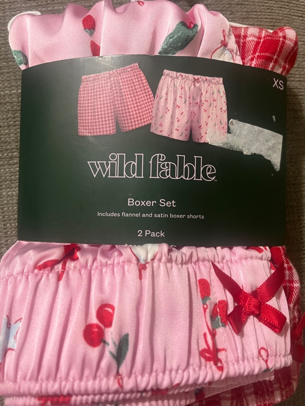 wild fable Pink Satin Cherry & Pink Plaid Boxer Short Set